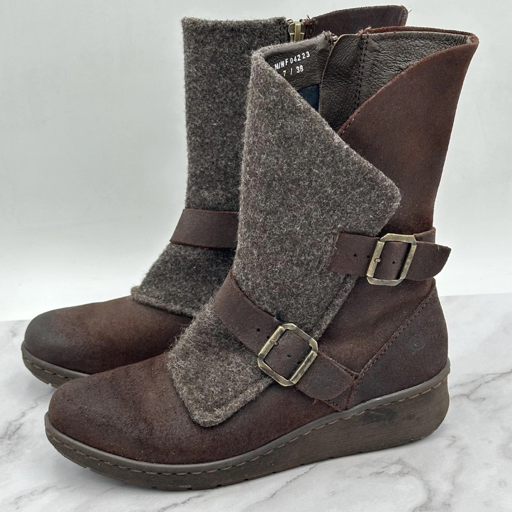 Born Boots Womens Size 7 Brown Leather Wedge Biker Mid Calf Buckle Zip F59106